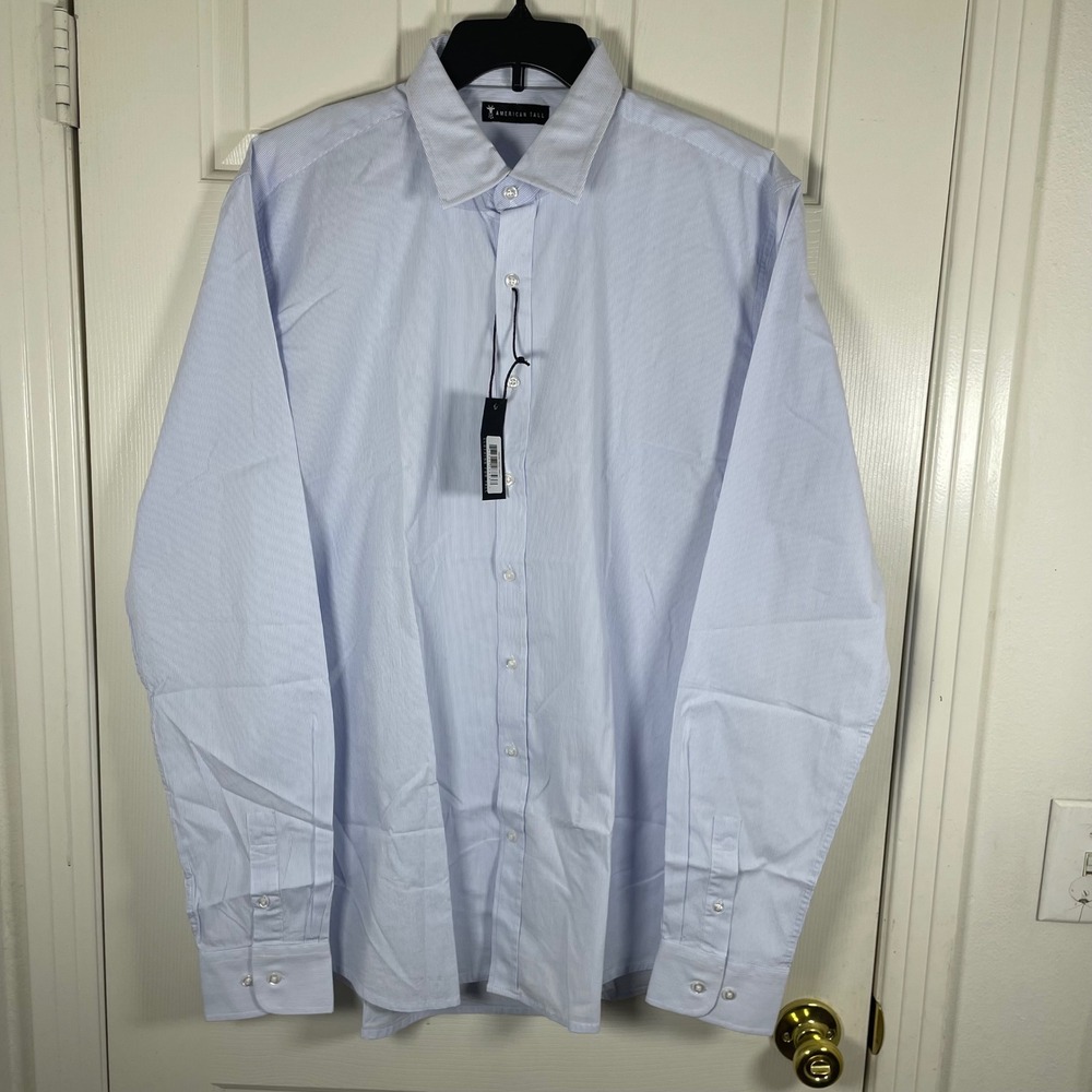 American Tall Mens Blue White Micro Stripe Dress Shirt Large Tall New With Tags - Picture 2 of 9